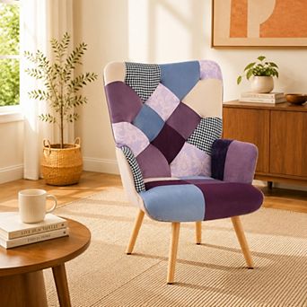 Unikome Multicolor Patchwork Accent Chair, Mid Century Upholstered Armchair with Wooden Legs