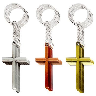 12 Pack Metal Cross Keychains, Jesus Key Rings, Religious Door, Car, Key Holders for Easter, Baptism, Prayer Group, Funeral Favors, Silver, Copper, and Gold-Colored