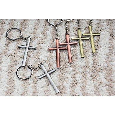 12 Pack Metal Cross Keychains, Jesus Key Rings, Religious Door, Car, Key Holders for Easter, Baptism, Prayer Group, Funeral Favors, Silver, Copper, and Gold-Colored