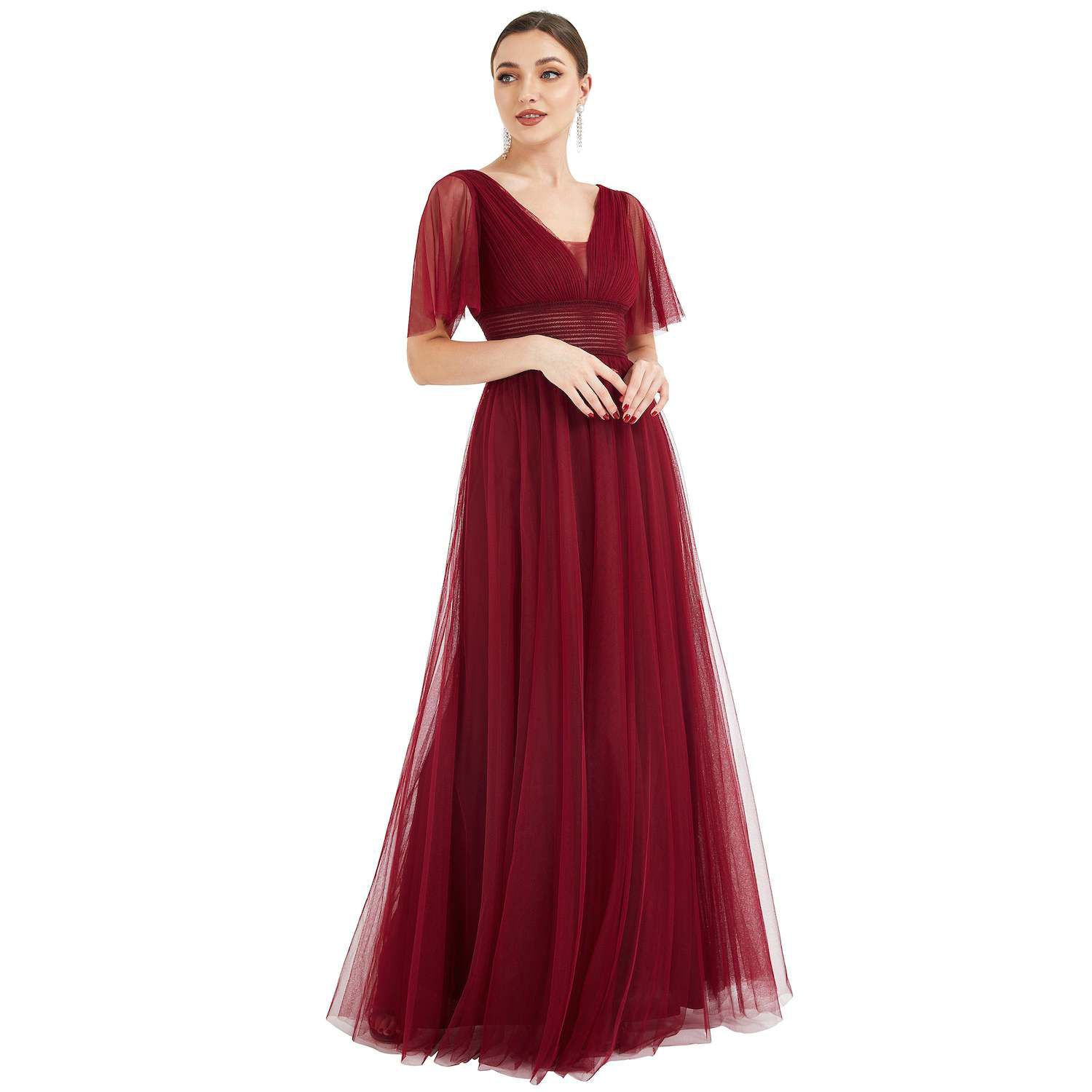 Pleated A-Line Short Sleeve Wide Waist Tulle Bridesmaid Dress