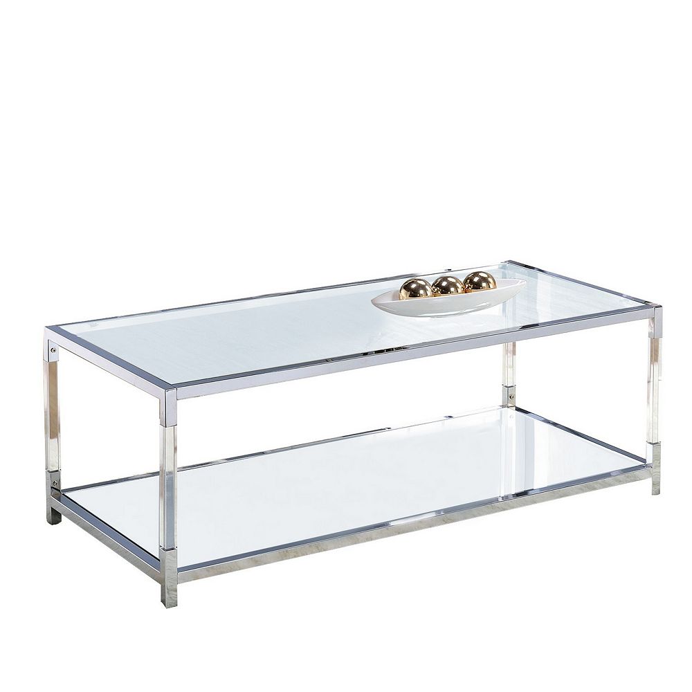 Glass Top Metal Coffee Table with Open Bottom Shelf, Silver and Clear, image size:1000x1000
