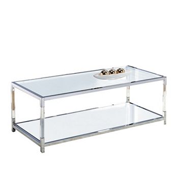 Glass Top Metal Coffee Table with Open Bottom Shelf, Silver and Clear
