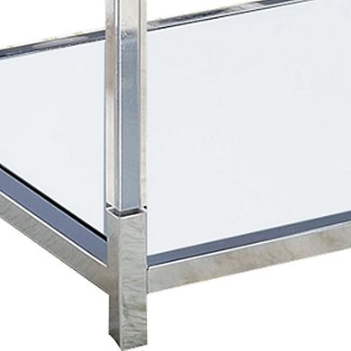 Glass Top Metal Coffee Table with Open Bottom Shelf, Silver and Clear