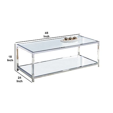 Glass Top Metal Coffee Table with Open Bottom Shelf, Silver and Clear
