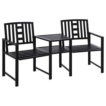 2-person Double Metal Patio Chairs W/ Coffee Table & Umbrella Hole, Black