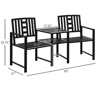 2-person Double Metal Patio Chairs W/ Coffee Table & Umbrella Hole, Black