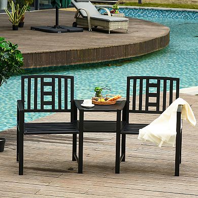 2-person Double Metal Patio Chairs W/ Coffee Table & Umbrella Hole, Black