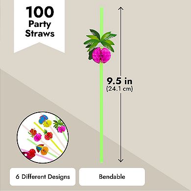 100 Pack Tropical Beach Straws for Hawaiian Party Decorations, Summer Cocktails