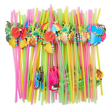 100 Pack Tropical Hawaiian Straws for Cocktails and Margaritas, Luau and Summer Beach Party Supplies (6 Designs)