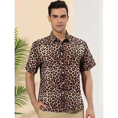 leopard print dress shirt for mens Men Shirt Leopard Print Button Down Stylish Shirt | Color: Brown | Size: XL