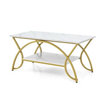 2 tier Coffee Table with Faux Marble Top and Storage Shelf Metal Frame Center Table