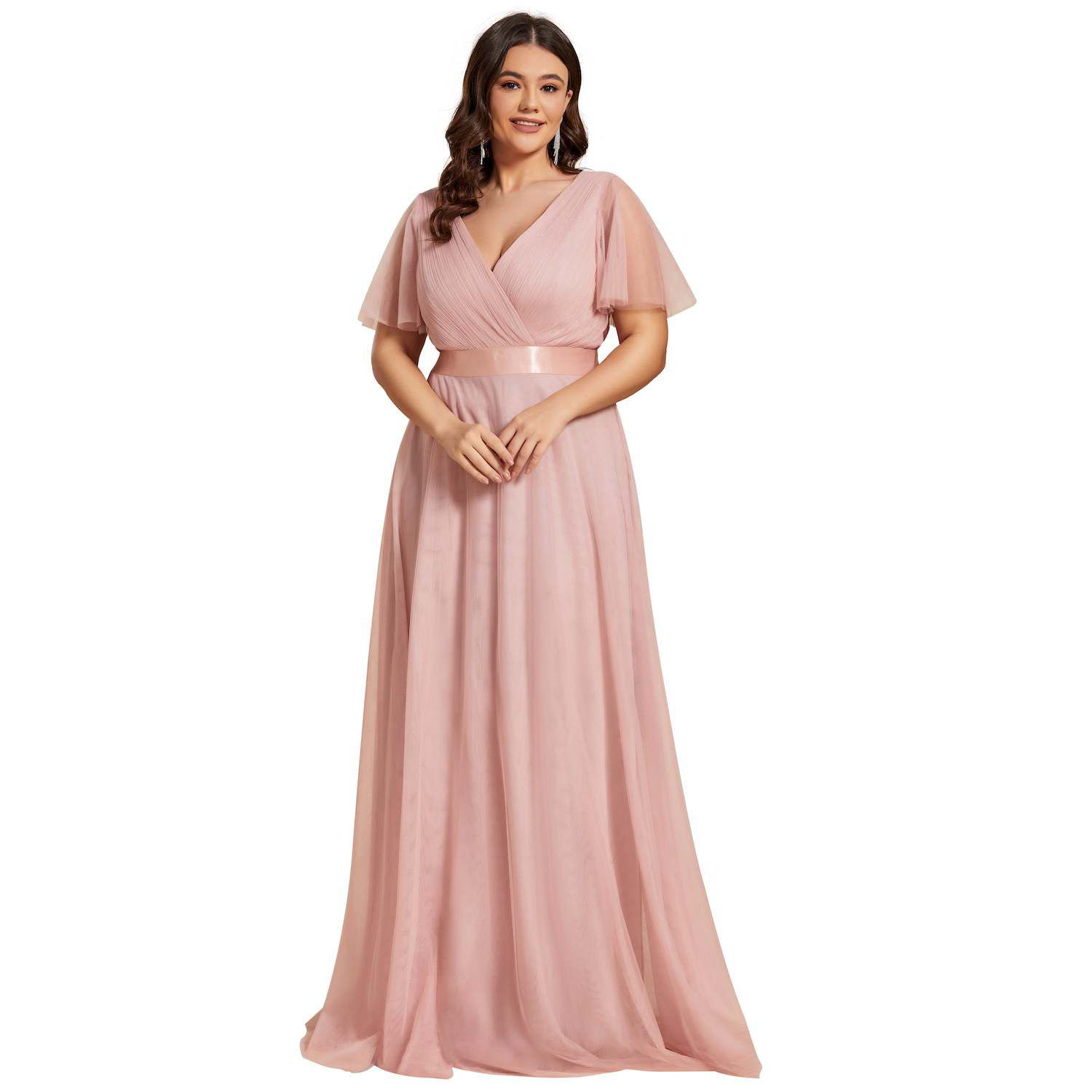 Women's Floor-Length Plus Size Formal Bridesmaid Dress with Short Sleeve