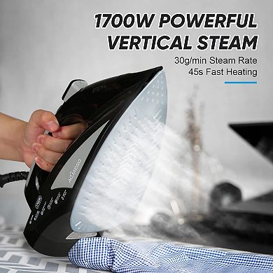 AEMEGO Steam Iron for Clothes Portable Anti Drip Clothes Iron Steam with Non Stick Ceramic Soleplate Auto-Off Self-Cleaning Function Travel Iron with Visible Water Tank for Home (1700W Black)
