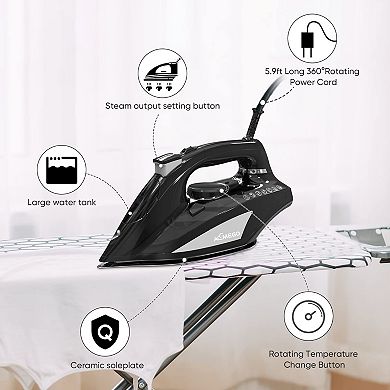 AEMEGO Steam Iron for Clothes Portable Anti Drip Clothes Iron Steam with Non Stick Ceramic Soleplate Auto-Off Self-Cleaning Function Travel Iron with Visible Water Tank for Home (1700W Black)