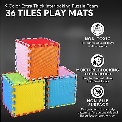BalanceFrom 9 Color Extra Thick Interlocking Puzzle Foam Exercise Play Mats, 36