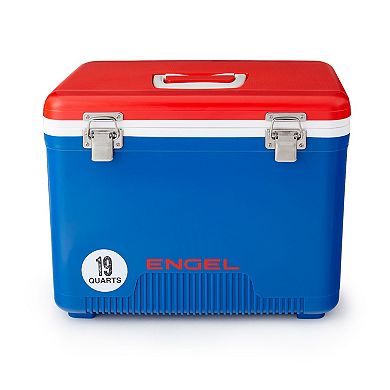 ENGEL 19 Quart Fishing Live Bait Dry Box Ice Cooler w/ Shoulder Strap, Red/Blue