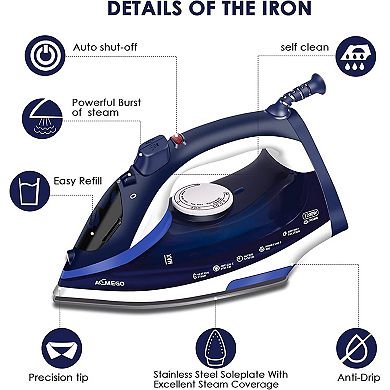 Aemego Steam Iron for Clothes Lightweight Portable Iron with Non Stick Ceramic Soleplate Anti Drip Vertical Irons for Ironing Clothes Self-Clean Auto-Off Function Small Size for Home Travel