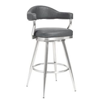 26 Inch Vegan Faux Leather Metal Counter Stool, Gray, Silver