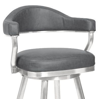 26 Inch Vegan Faux Leather Metal Counter Stool, Gray, Silver