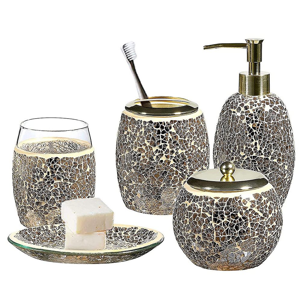 Decorative Glass Bathroom Accessories Set With Pearl Mosaic Design