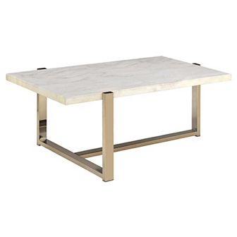 Modern Metal Framed Coffee Table with Faux Marble Top, White and Gold