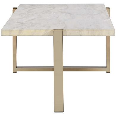 Modern Metal Framed Coffee Table with Faux Marble Top, White and Gold