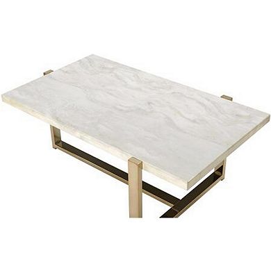 Modern Metal Framed Coffee Table with Faux Marble Top, White and Gold
