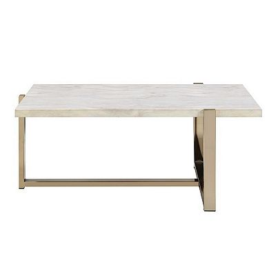 Modern Metal Framed Coffee Table with Faux Marble Top, White and Gold