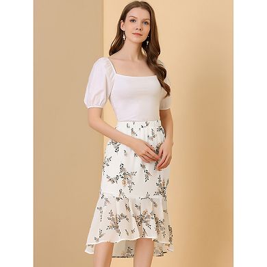 Women's Floral High-Low Elastic Waist Ruffle Hem Flowy Midi Chiffon Skirt