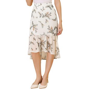 Women's Floral High-Low Elastic Waist Ruffle Hem Flowy Midi Chiffon Skirt