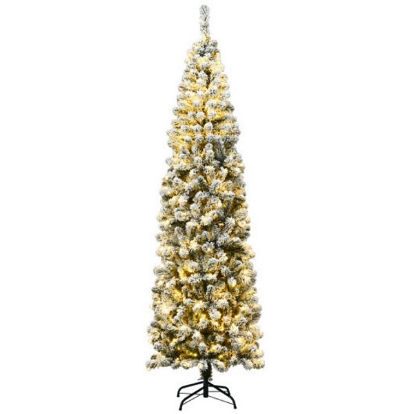 7.5 Feet Prelit Snow Flocked Artificial Pencil Christmas Tree with LED