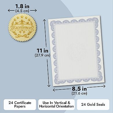 24-pack Navy Blue Certificate Holders With 8.5x11 Certificate Paper, Gold Seals