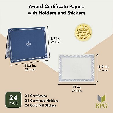24-pack Navy Blue Certificate Holders With 8.5x11 Certificate Paper, Gold Seals