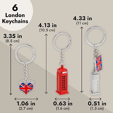 6 Pcs England UK London Keychains, British Souvenir Gift, Metal Key Rings