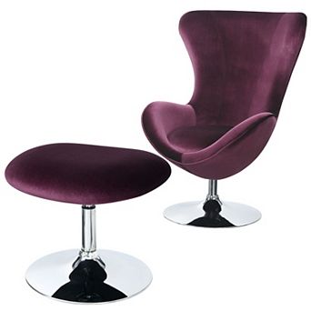 Fabric Curved Design Chair with Ottoman and Tubular Base, Set of 2, Purple