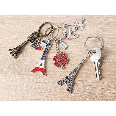 6 Pack Paris Keychain, France Souvenir Gift, Eiffel Tower, French Flag, and Arc de Triomphe Metal Key Rings