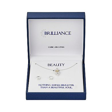 Brilliance Fine Silver Plated Two-Tone Dancing Cubic Zirconia Heart Infinity Necklace and Stud Earring Set