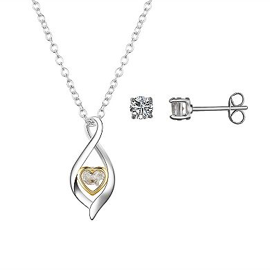 Brilliance Fine Silver Plated Two-Tone Dancing Cubic Zirconia Heart Infinity Necklace and Stud Earring Set