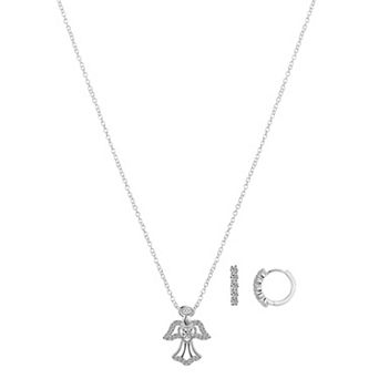 Brilliance Fine Silver Plated Cubic Zirconia Angel Necklace and Huggie Hoop Earring Set