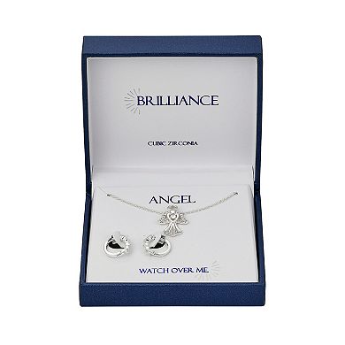 Brilliance Fine Silver Plated Cubic Zirconia Angel Necklace and Huggie Hoop Earring Set