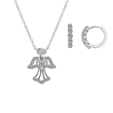 Brilliance Fine Silver Plated Cubic Zirconia Angel Necklace and Huggie Hoop Earring Set