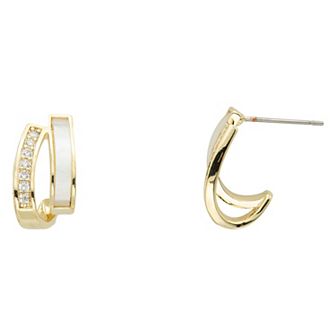 City Luxe Gold Tone Mother-of-Pearl & Cubic Zirconia J Hoop Earrings
