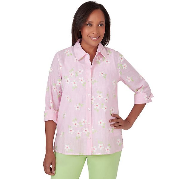 Petite Alfred Dunner Pinstripe Floral Embroidery Blouse