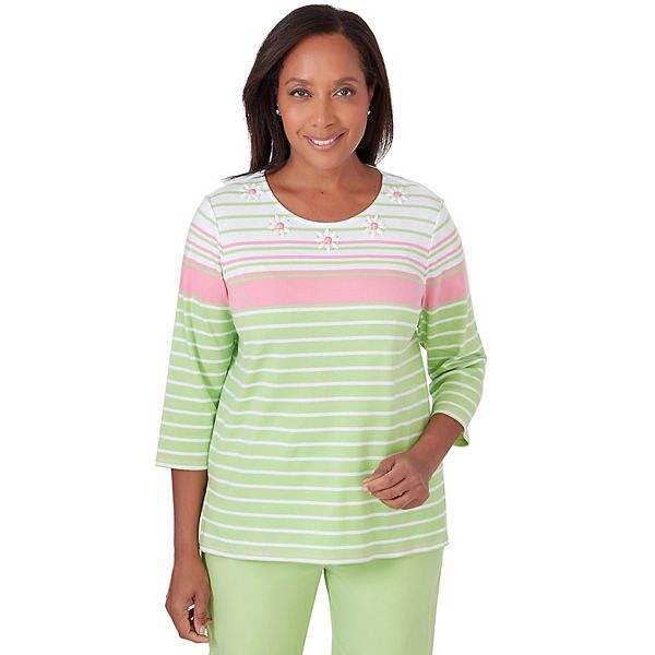 Petite Alfred Dunner Striped Top with Beaded Floral Details