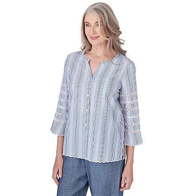 Petite Alfred Dunner Pinstriped Long Eyelet Bell Sleeve Button Down Top