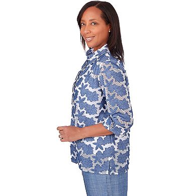 Petite Alfred Dunner Flower Embroidered Mesh Long Sleeve Collared Two-In-One Top with Necklace