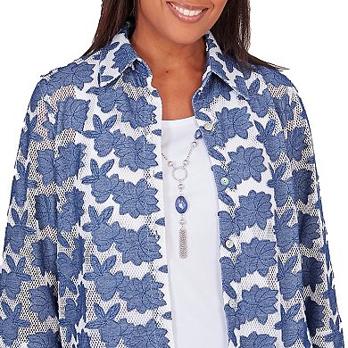 Petite Alfred Dunner Flower Embroidered Mesh Long Sleeve Collared Two-In-One Top with Necklace