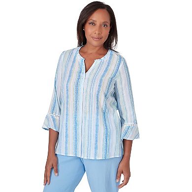 Petite Alfred Dunner Striped Button Down Long Flutter Sleeve Blouse Top