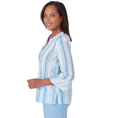 Petite Alfred Dunner Striped Button Down Long Flutter Sleeve Blouse Top