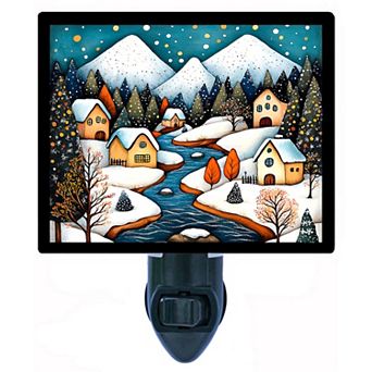 Cozy Alpine Cottages Winter Village Night Light Snowy Mountain Scene with Free Switchable Insert